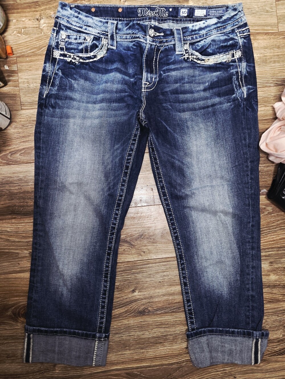 Size 30 Miss Me Blue Cropped Cuffed Jeans Embellished Pockets